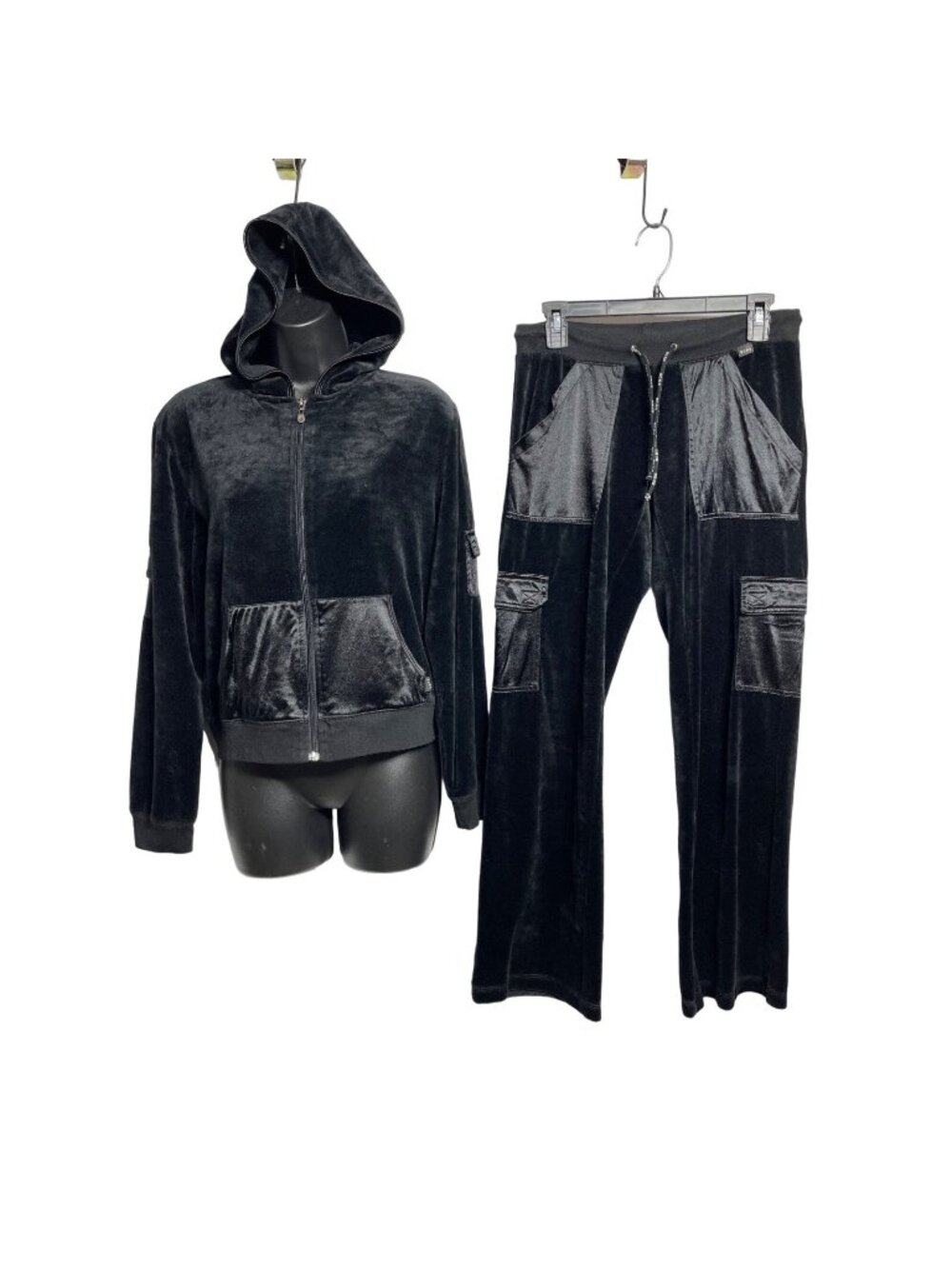 BCBG Max Azria Y2K Black Velour Track Suit Hoodie Sweatpants Size Large / Medium